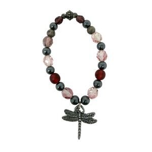 Dragonfly‎ Charm Beaded Stretch Bracelet Pink Red Hematite 7 Inch